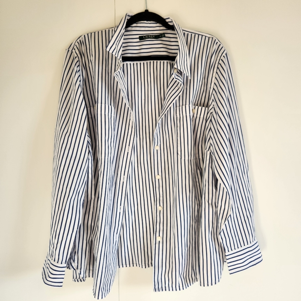 Lauren Ralph Lauren Blue White Striped Button Down Shirt Womens 3X Cotton